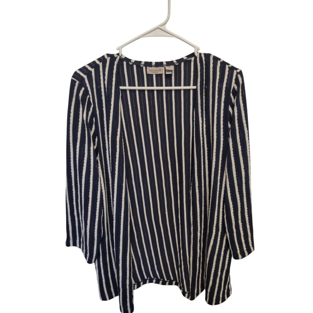 Easy wear by Chico's‎ Open Cardigan Blue and White Striped Medium Classic Preppy